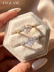 1枚奢华双梨形切割立方氧化锆戒指，925纯银单枚戒指，精致珠宝礼物，适合女孩生日、舞会等场合 - 款式1 - 查看 1