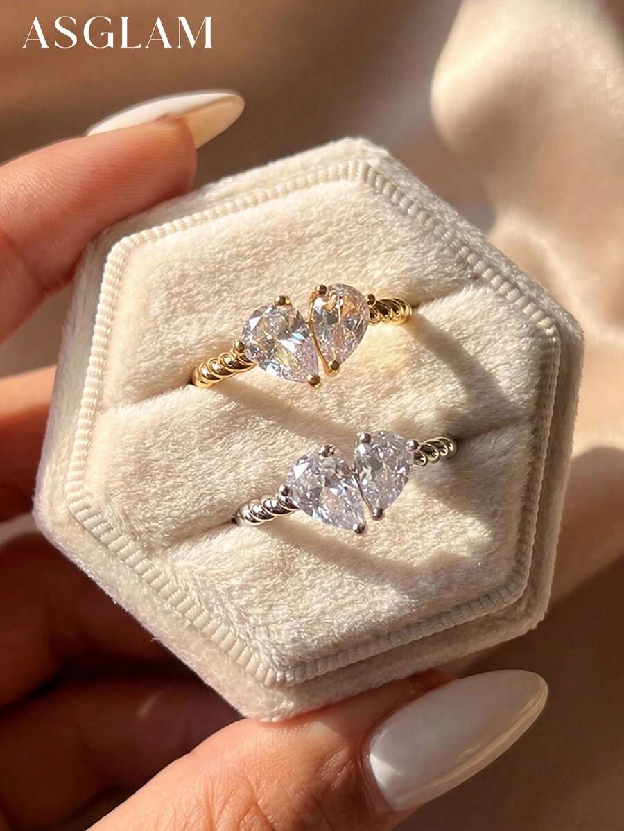 1枚奢华双梨形切割立方氧化锆戒指，925纯银单枚戒指，精致珠宝礼物，适合女孩生日、舞会等场合 - 款式1 - 查看 1