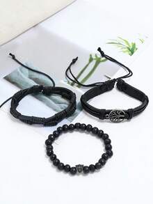 3件套波西米亚风皮革编织生命之树天然虎眼石珠弹力手链 - 彩色 - 查看 4