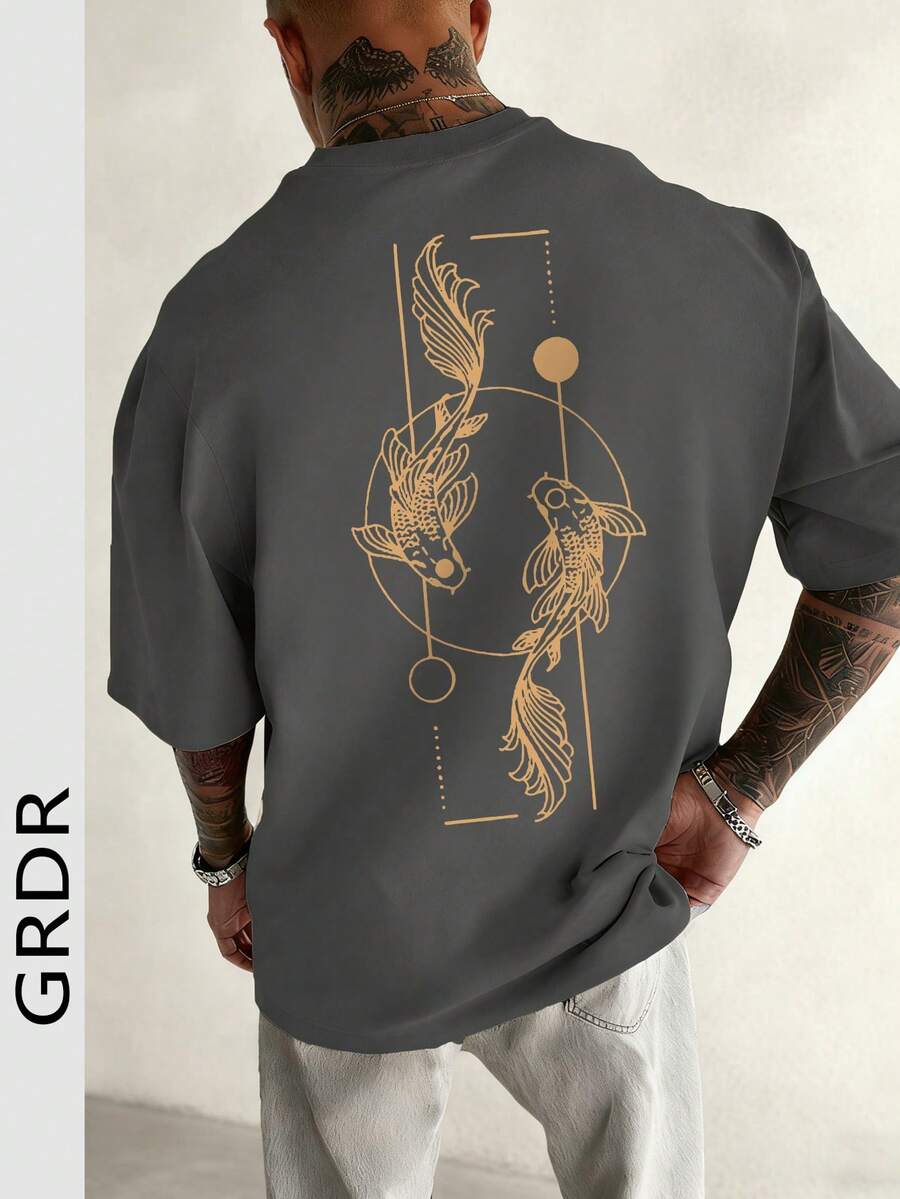 GRDR 男士休闲印花街头文化图案圆领短袖T恤，夏季 - 深灰色 - 查看 1