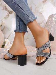 Glitter Decor Thick Sole High Heel Sandals - Girls' Chunky Heel Party Sandals - Black - View 4