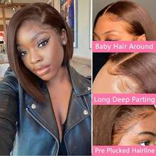 Chocolate Brown Lace Front Bob Wig Human Blended Hair 13x4 Transparent Lace Full Frontal Bob Wigs, Short , 4# Dark Brown Bob Wigs, Pre Plucked Hairline, 180% Density, 8-16 Inch(Blended Wigs-A Mix Of Human Blended Hair And Synthetic)Wigs Human Blended Hair/Women's Human Blended Hair Wig/Human Blended Hair Lace Front Wigs/Wigs Glueless/Bleached Knots/Pre Plucked/Lace Wig/Upgrade Your Look/Confidence Boost/Perfect Gift - S4 - View 6