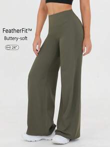 Women's Casual Sports Pants - High Waist Loose Casual Pants - Comfortable And Elastic Loose Pants Made Of Elastic Material - Straight Leg Pants With Hem For Spring And Summer Yoga Pants, Women's High Waist Elastic Casual Soft Straight Leg Pants - 橄欖綠 - 查看 4