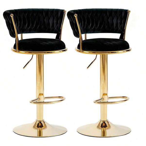 Samt-Barhocker-Set (2er-Set), höhenverstellbar, um 360° drehbar, mit handgewebter Rückenlehne und goldener Fußstütze, ideal für Esszimmer und Kücheninsel.