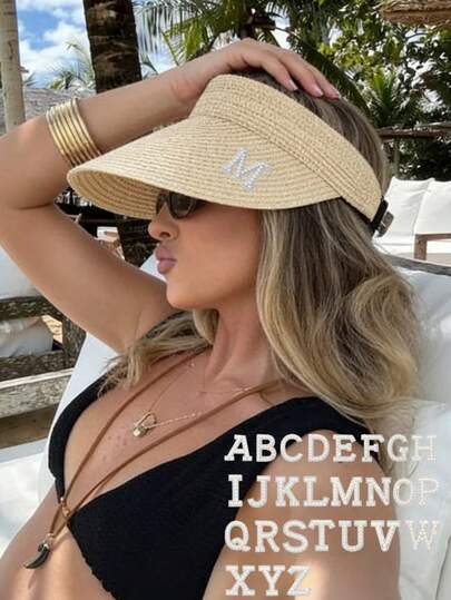 1pc Sun Hats For Women Empty Top Straw Woven Hat Is Foldable With A 26 Letter Pearl Emblem,Beach Sunshade Hat, The Best Choice For Beach Vacation