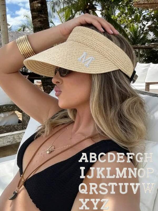 1 pezzo Cappello da sole per donna, in paglia intrecciata con parte superiore vuota, pieghevole, con emblema a 26 lettere in perle, cappello parasole da spiaggia, la scelta migliore per vacanze al mare, estate, vacanze, viaggi