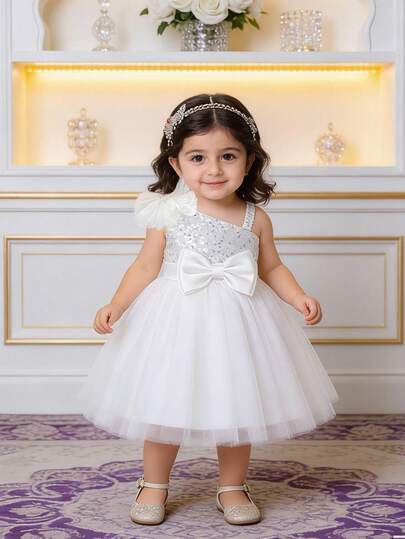 Baby Girls Champagne Color Sequin Elegant Princess Dress, Suitable For Parties