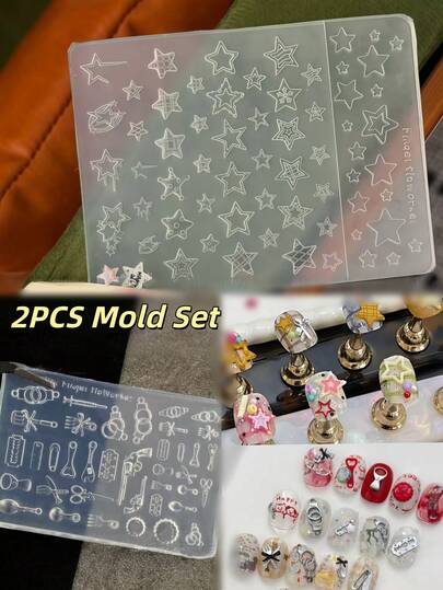 2pcs Y2K Retro Music Cute Cutlery Nail Art Mold Set, Polka Dot & Star Shaped Transparent Silicone Nail Decoration Molds