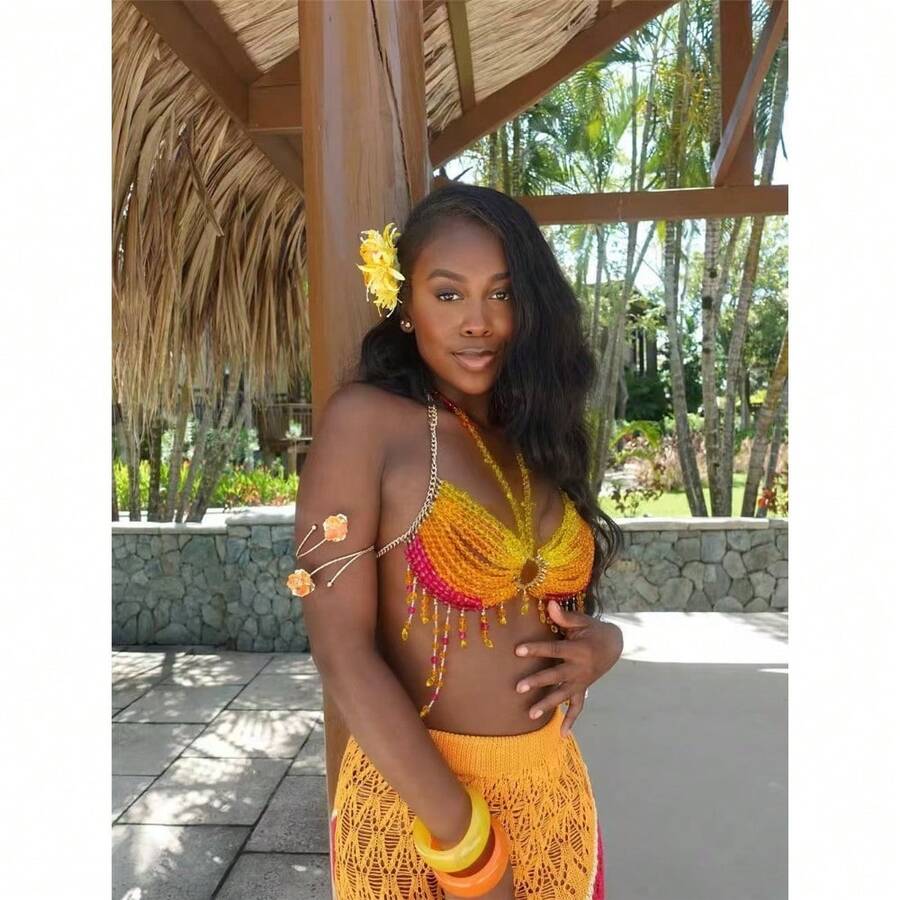 European And American Style Handmade Beaded Bust Chain For Women, Multi-Layer Beaded Body Chain For Beach Or Pool, Sexy Accessory, DIY Bikini Chain - 桔色 - 查看 1
