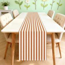 1pc Bohemian Minimalist Caramel Brown Striped Pattern Illustration Table Runner, 100% Polyester Linen-Like Texture, Machine Washable, Fade-Resistant, Wrinkle-Resistant, Soft, Suitable For Dining Room, Tea Room, Living Room, Rectangular 13"X36"/13"X72"/13"X108" - Khaki - View 1