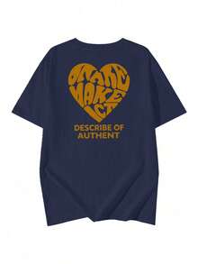 女士休闲圆领宽松字母爱心印花短袖T恤，春夏款 - 藏蓝色 - 查看 4