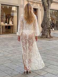 Women's Mock Neck Tops Long Sleeve See Through Embroidered T-Shirts High Low Hem Coverup Dress - Blanco - Ver 6