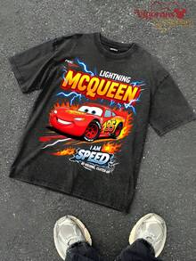 Disney Vintage Washed 230g Casual T-Shirt |  "I AM SPEED" Flame & Lightning Print Short Sleeve - Black - View 2