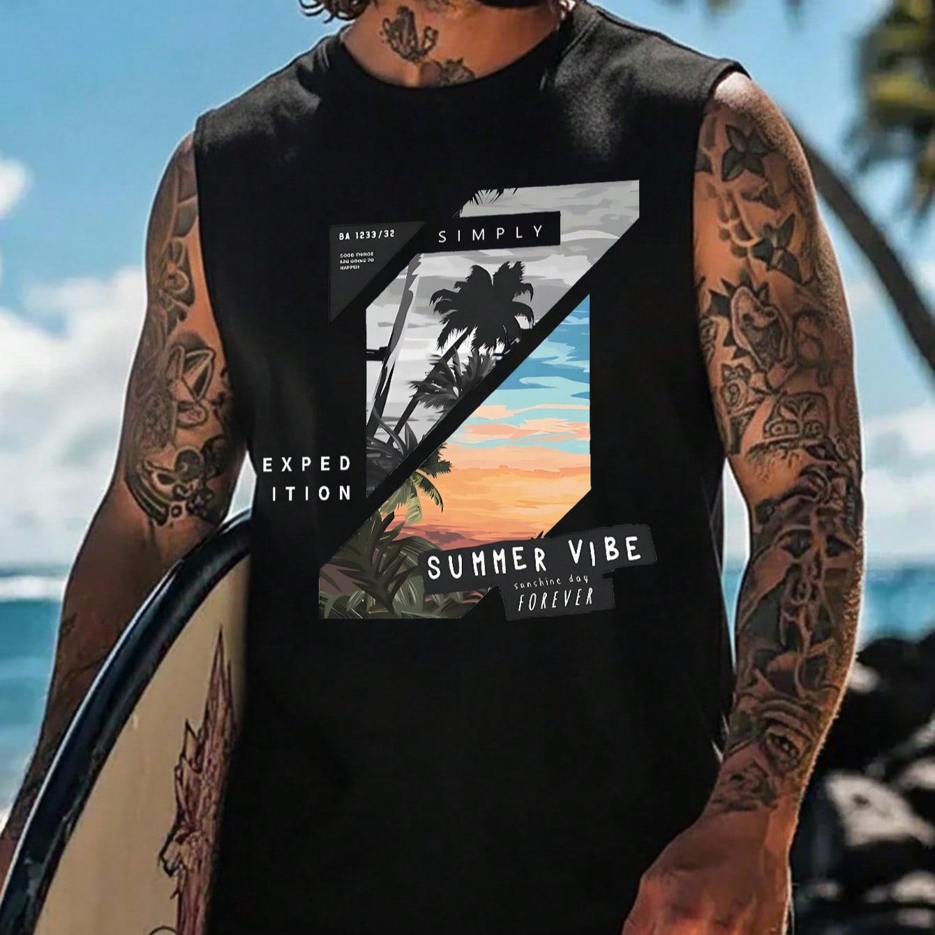 Coastal Camiseta de tirantes casual de cuello redondo de estilo americano con estampado gráfico divertido para hombre