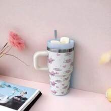 600ml Thermal Mug With Handle, Lid And Straw – Flower Print 1866-600ml - Beige 2 - View 4