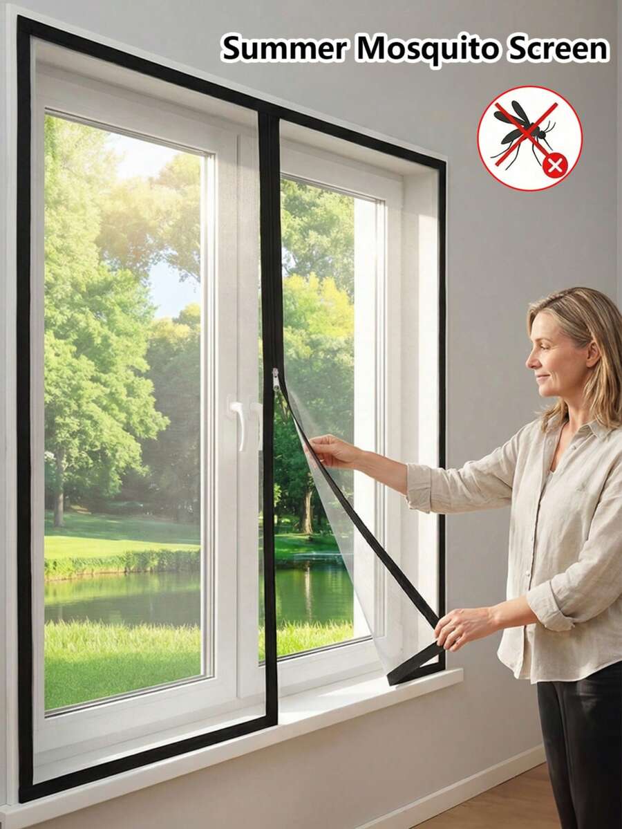 White Zipper Window Screen Mesh Set, Easy Hook & Loop Install, Breathable Anti-Mosquito Net, Removable Reusable Insect Protection For Home Windows - White Zipper Style - View 1