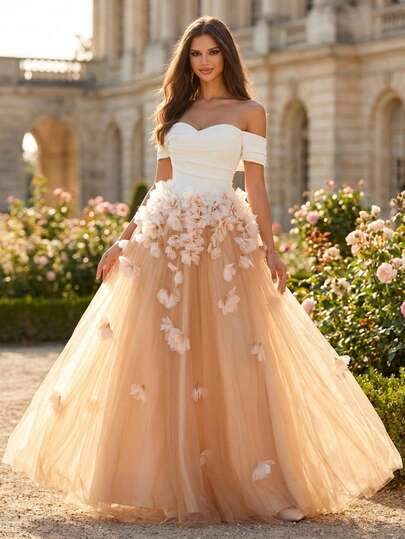 Vestido transparente con aplicaciones de flores 3D en el hombro, elegante vestido de bola en color blanco y nude, vestido de noche romántico formal, vestido de fiesta de boda estilo princesa de primavera