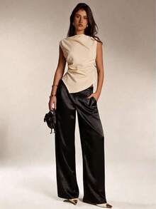 Women's Satin Silk Solid Color Pants With Pockets And Zipper, Suitable Vacation, Office, Brunch, Airport , All Seasons Black Spring - màu đen - Xem 6