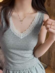 Women's Lace Patchwork V-Neck Camisole, Built-In Padded Sexy Slim Fit Tank Top, Spring/Summer - Grey - View 5