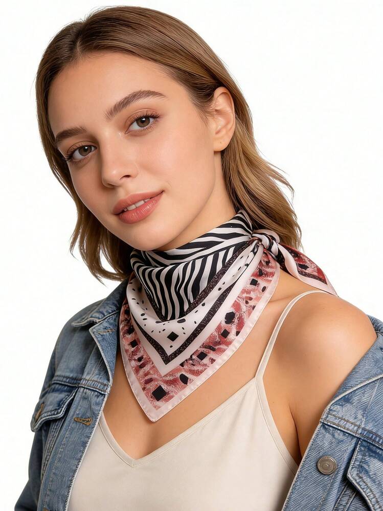 1pc 65*65cm Square Scarf, Women's Satin Silk Imitation Zebra & Leopard Print, Versatile Neckerchief Headband Shawl - Multicolor - View 2