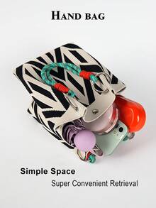 Este bolso casual de mujer con diseño de bloques de color presenta un asa de cuerda tejida en blanco y negro, perfecto para mujeres trabajadoras, profesoras y estudiantes - Blanco y Negro - Ver 5