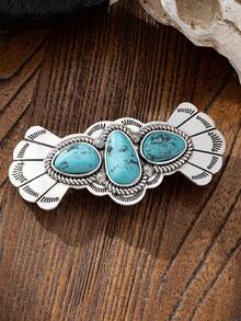 1个复古金属西部风格银色椭圆形绿松石发夹，女士发饰礼物，母亲节、情人节礼物，送给妈妈、妻子、女友，爪夹 - 彩色 - 查看 2