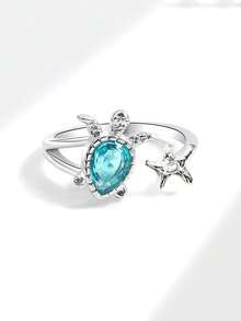 1枚可爱优雅的海洋风可调节开口戒指，海龟设计，夏季海滩度假礼物 - 彩色 - 查看 5