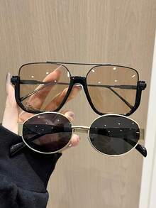 2pcs Plastic & Metal Geometric Full Frame Glasses, Basic Fashion Style Suitable For Daily Life, Driving, Outings, Couples, Outdoor Activities - 2pcs 金灰香檳 - 查看 1