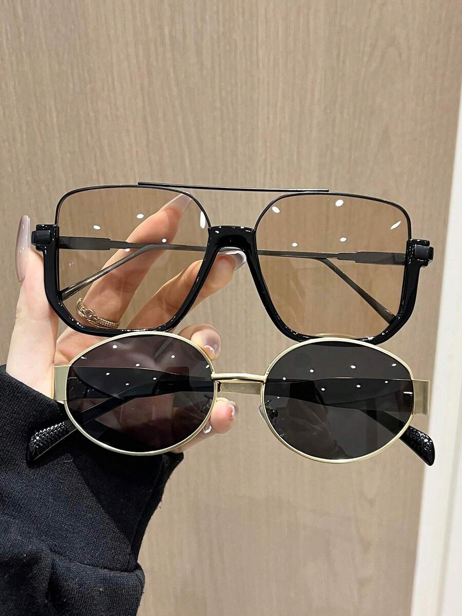 2pcs Plastic & Metal Geometric Full Frame Glasses, Basic Fashion Style Suitable For Daily Life, Driving, Outings, Couples, Outdoor Activities - 2pcs 金灰香檳 - 查看 1