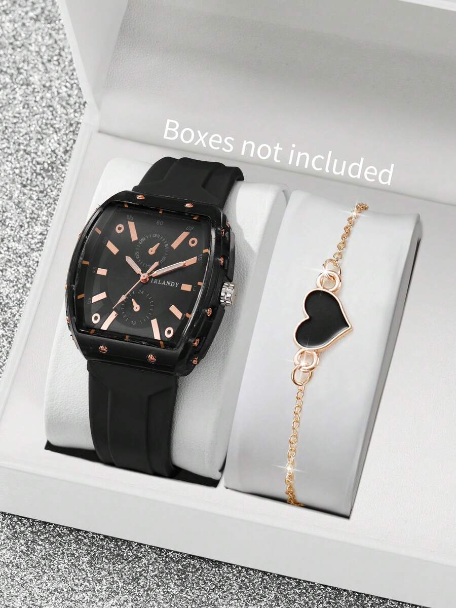2pcs/Set Women's Silicone Watch With Barrel Shape Dial, Numeric Scale Dial, & Elegant Quartz Wristwatch + Heart-Shaped Bracelet (Watch Box Not Included) - Black - View 1