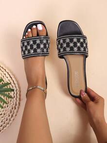 女士黑色水晶装饰平底沙滩拖鞋，低跟，时尚百搭舒适简约轻便方头套脚沙滩凉鞋 - 黑色 - 查看 2