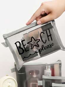 Multi-Color Fashion Mesh Beach Bag, Makeup Bag Printed With "Beach" Text, Beach Theme. Large Capacity Transparent Makeup Bag, Nylon Zipper Cosmetic Bag, Lightweight, Can Store Sunscreen, Snacks, Bikini And Beach Essentials. Spring/Summer Storage, Durable, Suitable For Swimming, Beach, Diving And Summer Vacation, Back To School, Lightweight Sun Protection Storage Bag, Suitable For Friends, Mother's Day, Back To School Season - Multicolor - View 5