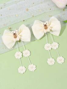 2pcs Cute Bear Tassel Hair Bows For Girls Bear Pattern Beige Grosgrain Ribbon Bow Alligator Clips With Pearl Flower Tassel Adorable Animal Printed Bow Hair Clips Vacation Tassel Bow Barrettes Teens Hair Accessories - Beige - View 9