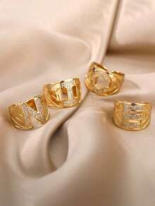 1pc Luxury Zirconia Letter Ring, Stainless Steel Thick Open Band Ring, Fashionable Hip-Hop Jewelry Gift For Women - Yellow Gold - View 9