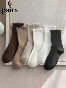 6/12 Pairs Assorted Women's Fall/Winter Socks, Japanese/Korean Style, Fashion Versatile Cute Students Long Tube Socks With Ruffle Trim - Multicolor - View 11