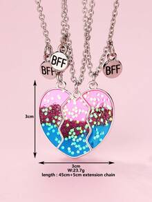 3 pièces Colliers pendentifs magnétiques en alliage de zinc scintillant en forme de cœur, mignons et à la mode pour filles BFF. Convient comme cadeau d'anniversaire pour la meilleure amie - Multicolore - Voir 5