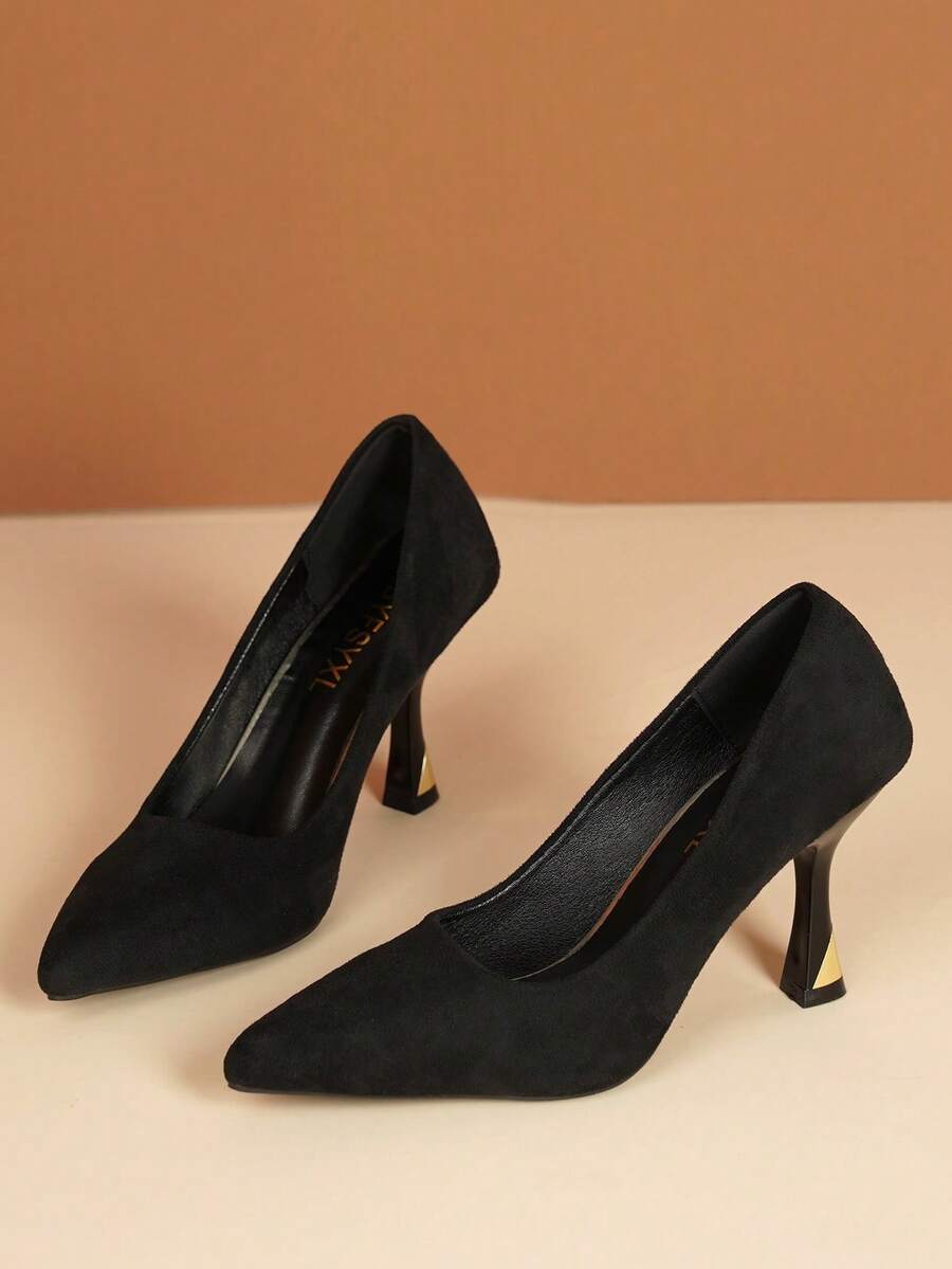 女士高端黑色绒面尖头低帮细高跟鞋，性感露趾，适合派对、夜店、婚礼、办公室、日常穿着，鞋跟高度 8.5 厘米 - 黑色 - 查看 1