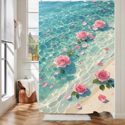 1pc Sea View Rose Shower Curtain, Fashionable And Sweet Flower Printed Shower Curtain, Suitable For Various Room Doors, Windows, Bathroom Decoration Partitions, Bathroom Accessories,