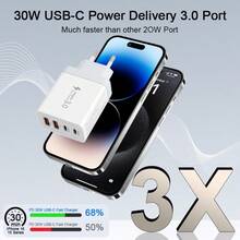 40W 4口USB充电器，多功能欧标适配器，2A2C USB-C快充插头（支持PD和QC协议），墙式适配器（适用于多种设备），便携式旅行多USB充电器（兼容、安卓等） - 查看 3