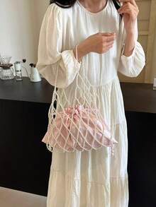 法式仙女珍珠串珠单肩包，粉色天鹅绒抽绳袋内衬，高品质精致小众设计可爱手提包，镂空珍珠包 - 粉色 - 查看 5