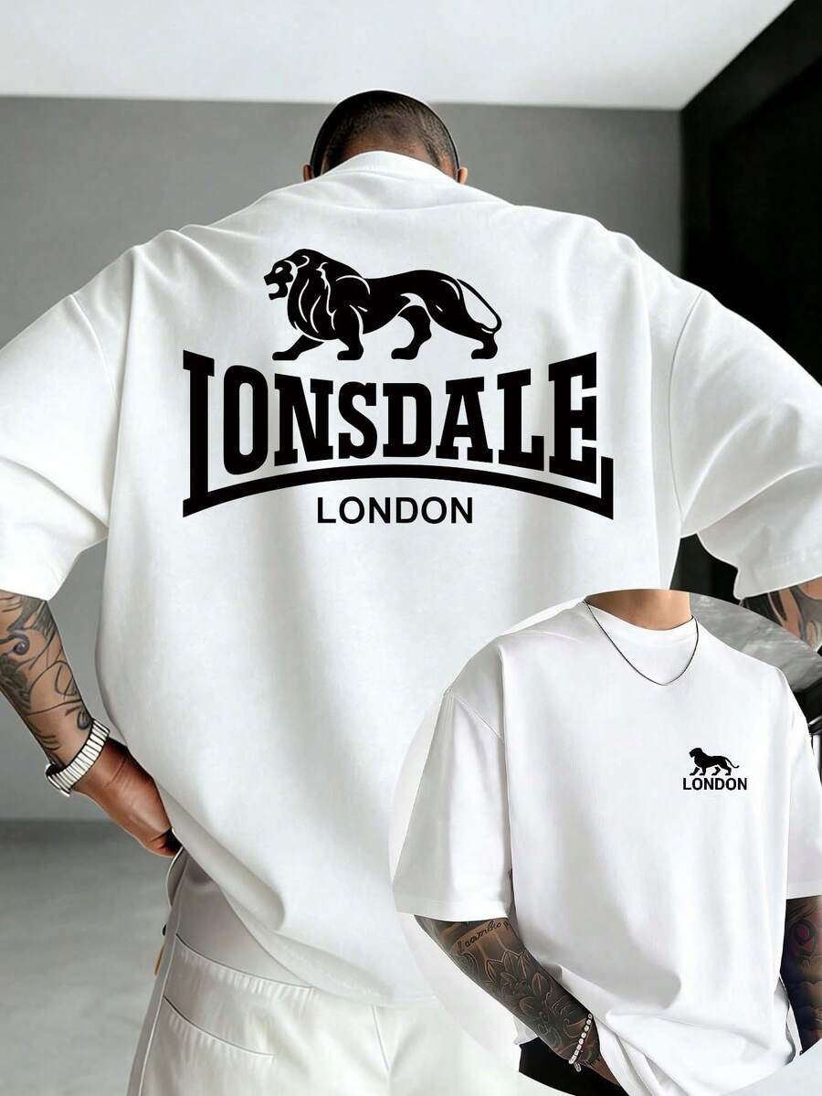 Men's 100% Cotton Double-Sided Print T-Shirt, LONSDALE London Lion Letter Print T-Shirt, 200g Premium Cotton Vintage Brand T-Shirt, Men's T-Shirts, Daily Wear Summer T-Shirts, Beach Essential, Festival Gifts, Perfect Gift, Street Hip-Hop Style For Men And Women - 白色 - 查看 1