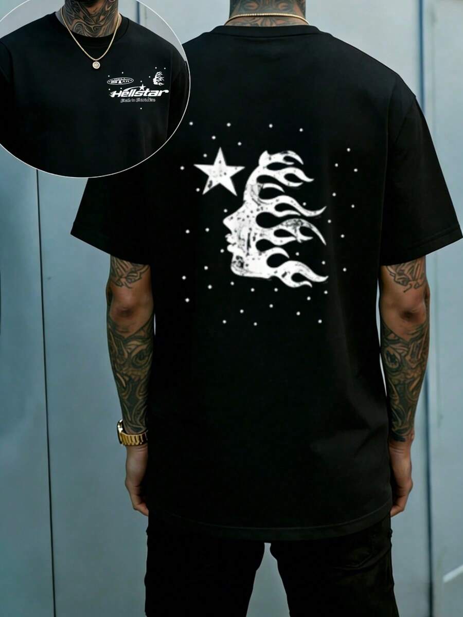 Hellstars Star Fire Hair Silhouette Vintage T-Shirt Double Sided Printed (220g 100% Cotton T-Shirt),Summer Clothes, Men's Tops, Casual And Comfortable, Fashionable Graphic Tee, Unisex Style - Black - View 1