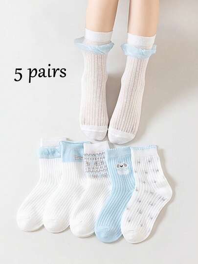 5 Pairs Summer New Thin Elegant Princess Girl Socks, Blue & White Mesh Ankle Socks For Toddlers
