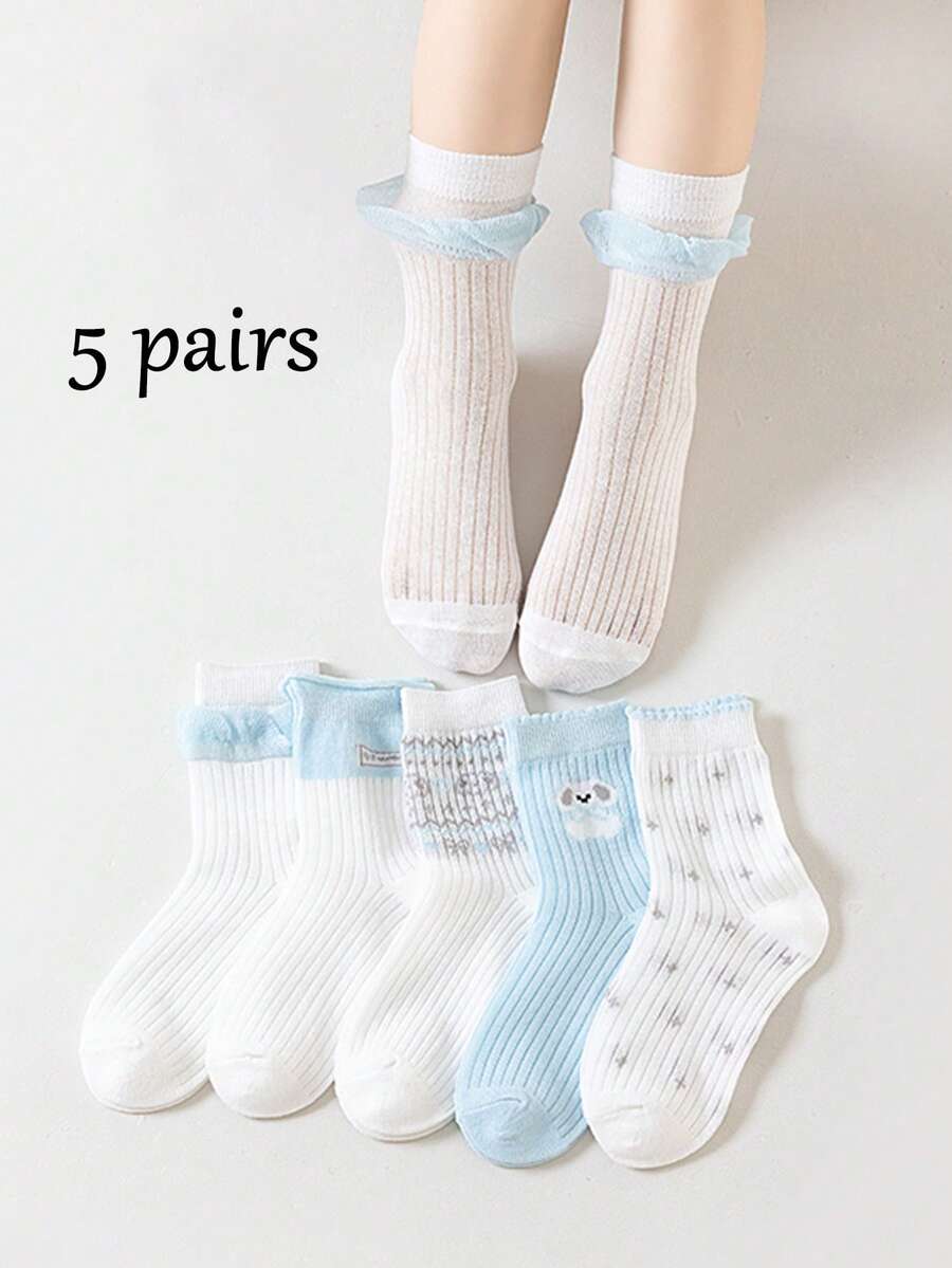5 đôi tất mùa hè mới, mỏng, thanh lịch kiểu công chúa cho bé gái, tất cổ ngắn bằng lưới màu xanh dương và trắng cho trẻ nhỏ. - Nhiều màu - Xem 1