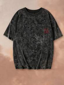 夏季新款休闲圆领扎染字母图案短袖T恤，时尚百搭街头风女装上衣，黑色 - 黑色 - 查看 4