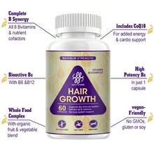 IMATCHME Hair Growth Support Vitamin B Complex Capsules With Biotin, Vitamin C & CoQ10, Supports Healthy Hair, Skin, Nails & Energy, For Adults, 60 Count - 60抽 - 查看 6