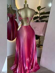 Romantic And Sweet Strapless Racerback Dress For Women, Tie-Embroidered Pleated Oversized Skirt Dress, Beach Resort Dress Set - Màu Hồng Tươi - Xem 4