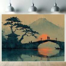 1pc Extra Large Elegant Ink Painting Bridge Tapestry - High-Definition Digital Print,, No Installation Needed,  Japanese Landscape With Sunset Reflections, Perfect For Home Decor, Tapestry Wall Hanging - Multicolor - View 3