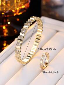 Bộ 2 chiếc vòng tay và nhẫn đính đá Zirconia hình học, phụ kiện thời trang cao cấp độc đáo, trang sức tinh tế đa năng cho công sở và đi làm. - bộ nhẫn vòng tay - Xem 3
