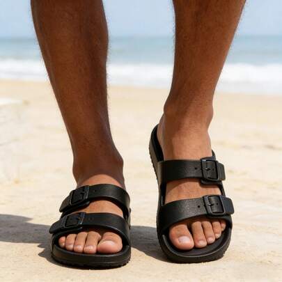 男士拖鞋，搭扣装饰黑色简约设计EVA鞋底休闲百搭夏季黑色平底凉拖